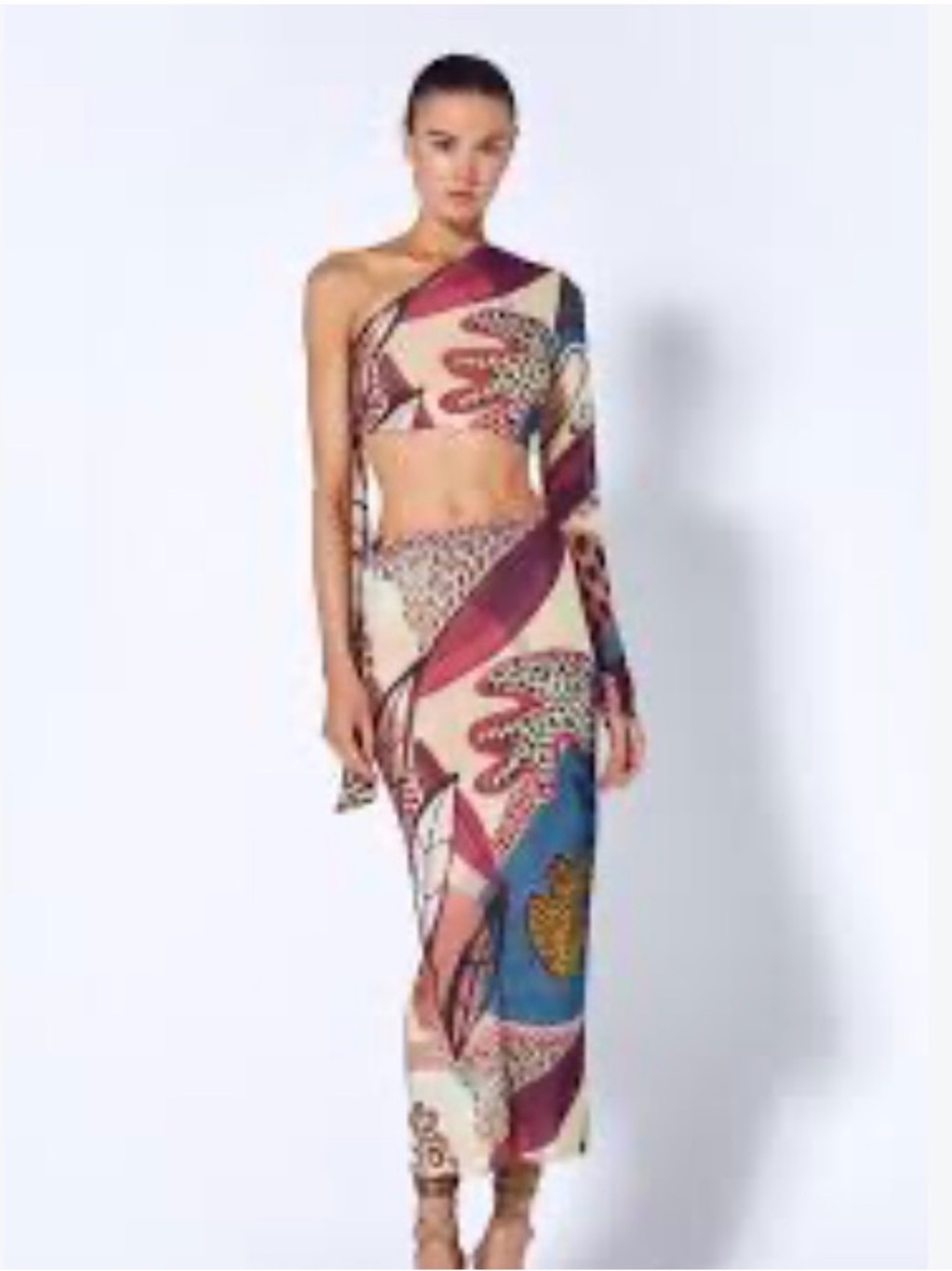 ALEXIS One Shoulder Mesh Crop Top Asymmetrical Graphic Abstract Multi NWOT S⁠